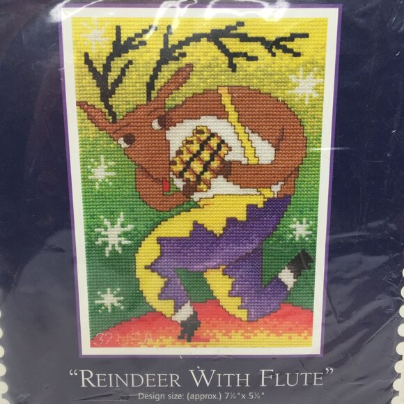 DMC US Postage Stamp Collection Cross Stitch Kit Reindeer With Flute 7.25"x5.25" - Picture 2 of 6